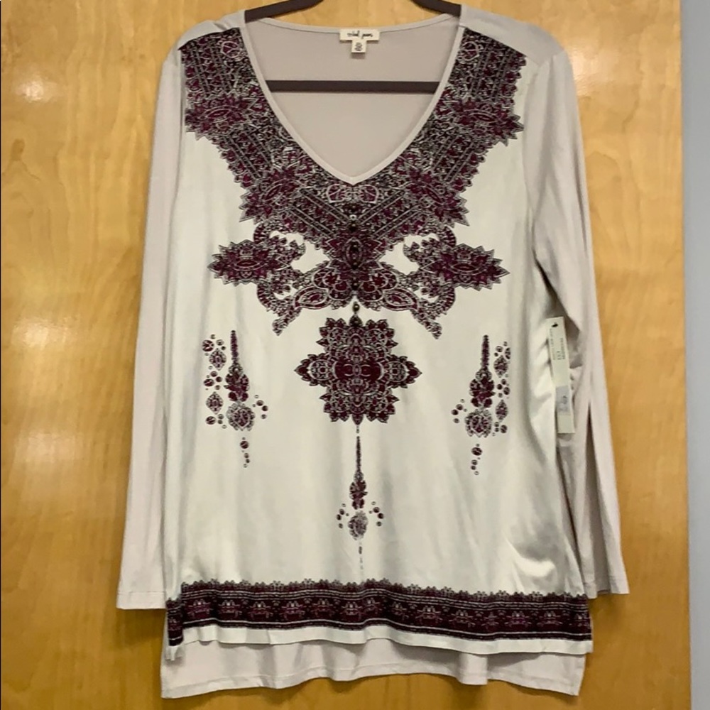 Tunic knit top tribal jeans L  red/ cream print